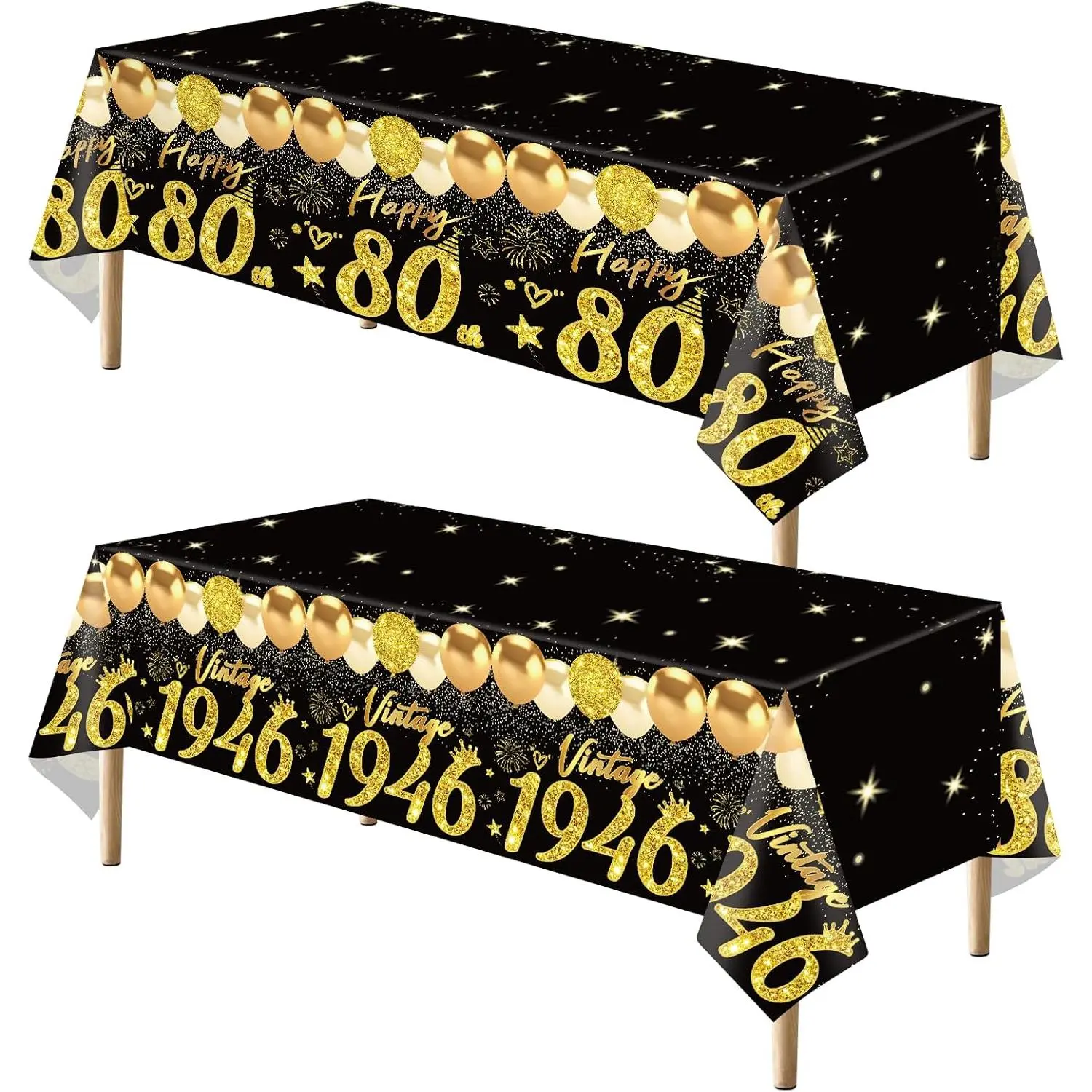 2pcs Black Gold 1946 Vintage 80th Birthday Party PVC Plastic Tablecloths - 108x51" Letter Print Hearts, Waterproof Grease Resistant Rectangular/Round Covers for Men, Festive Party Supplies Decor Compatible with Photos/Walls, 80Th Wedding Anniversary