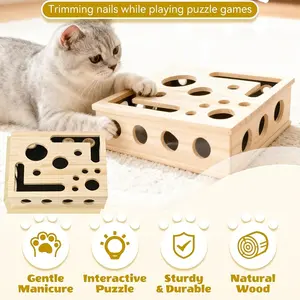 Cat Nail File and Scratching Puzzle Toy Box, Scratcher Board, Rich Scratch Box, Wooden Sandpaper Surface, Suitable for Indoor Cats, Stress-Free Alternative to Nail Clippers and Claw Grinders, Cat Self-Entertainment Toy