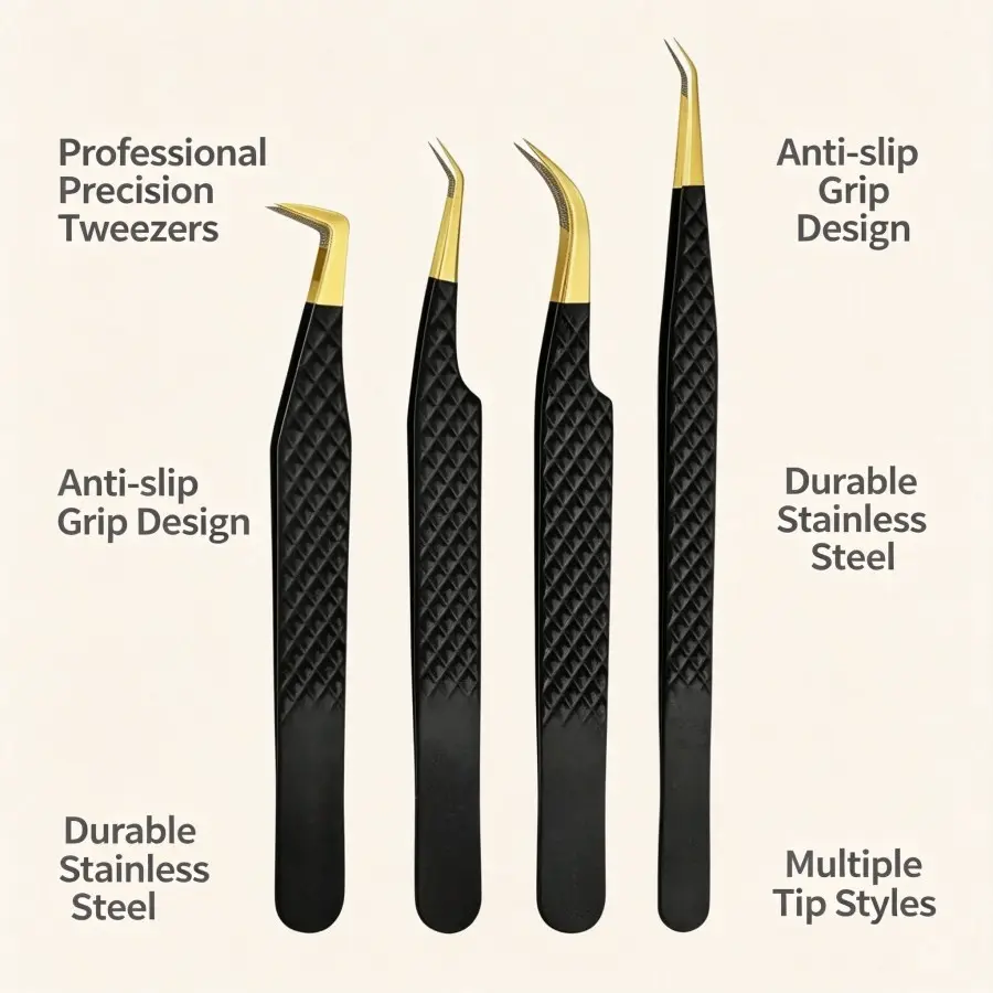 Lash Tweezers Set, 4-Piece Stainless Steel Beauty Tool with Fiber Tip & Secure Grip, Professional Cosmetic Makeup Tool for Eyelash Extensions (Black)