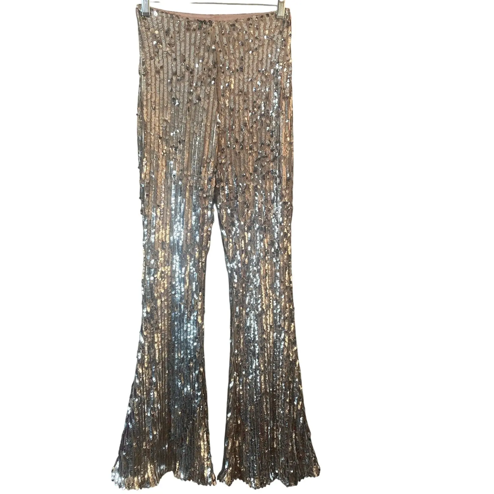 Club L London Silver Sequin Flare Pants Womens US 2 Hi Rise Party Festival Glam