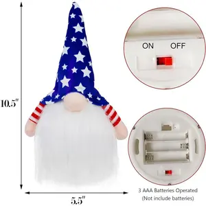10.5" Lighted Patriotic Plush Gnomes, 4th of July Decorations Handmade American Uncle Sam Light Up Elf, Figurine for Veterans Day Gifts, Tabletop Independence Day Holiday Decor, 2 Pack