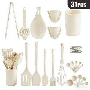 Chef Kitchen Cooking Utensils Set 31 pcs Non-Stick Silicone Spatula Set with Holder Wooden Handle Silicone Kitchen Gadgets Nonstick Cookware