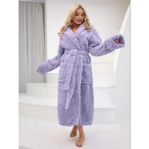 Women's coral wool bathrobe, hooded long sleeved pajamas, warm and thick padded robe with drawstring and double pocketsRAIMENTRY