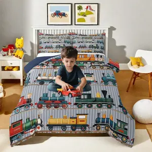 Train Comforter Set for Boys & Girls,Colorful Steam Engine Bedding Sets,Cartoon Train Transportation Comforter,Gray Green Blue Yellow White