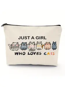 1 piece "Just a girl who loves cats" print storage bag zipper bag， cosmetics travel bag, wallet pencil case, stationery bag, Mother's Day gift, multi-function bag, gift for friends