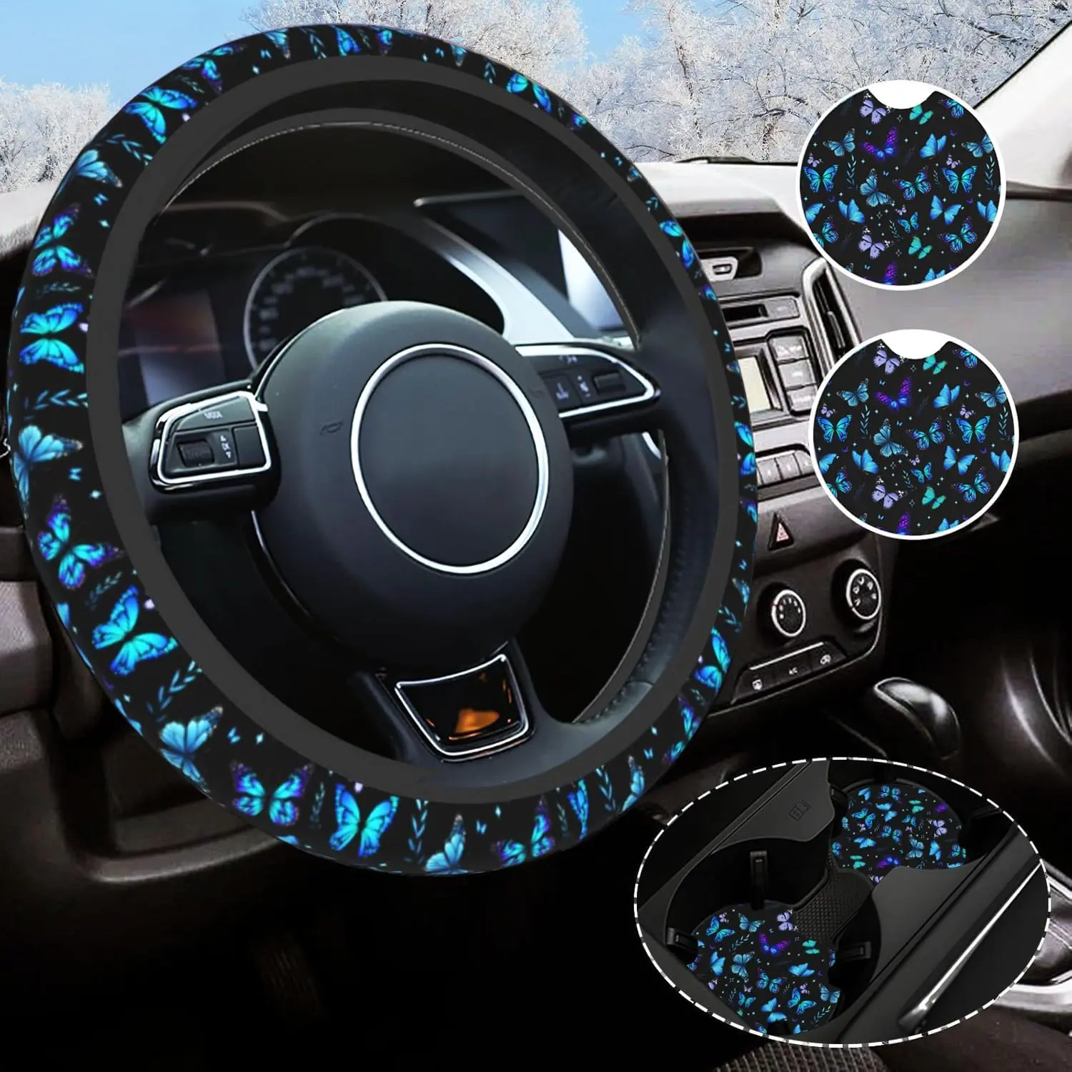 Cute Butterfly Automotive Steering Wheel Cover - Universal 14.5-15 in Unisex Non-Slip Protector, Foldable All-Seasons Car Accessories, Heat-Resistant for Christmas, Friends, Family