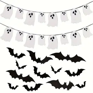 14 Piece Halloween Decoration Set with 2 Ghost Banners and 12 Bats, Perfect for Home and Party Use, Durable and Reusable Holiday Decor