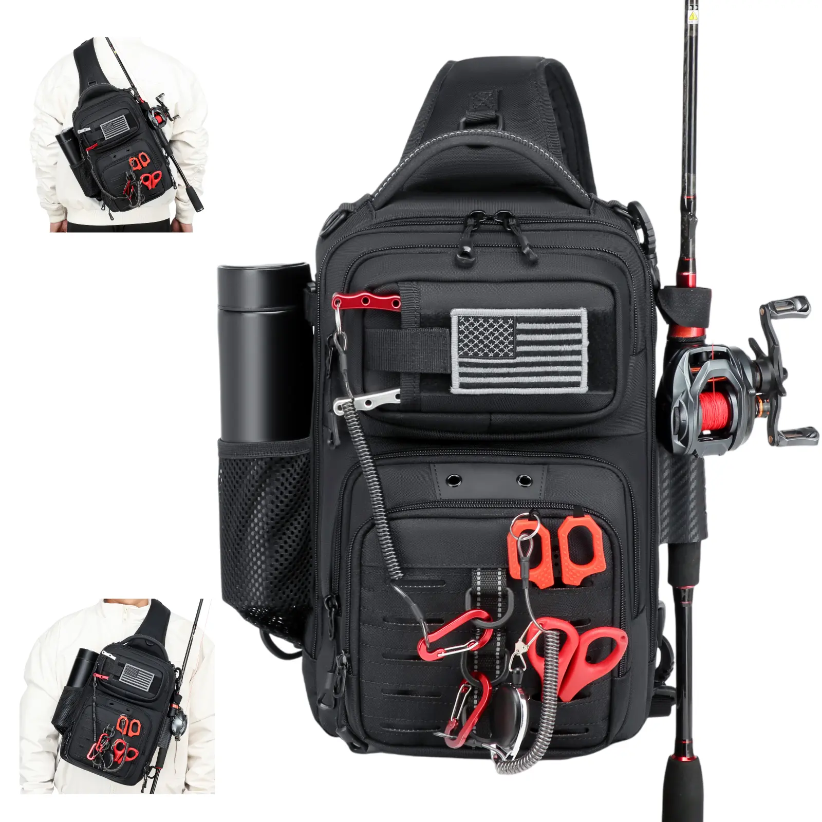 Fishing Sling Bag, Water-Resistant Tackle Chest Pack with Rod Holder & Water Bottle Pocket, MOLLE Shoulder Backpack for Men Outdoor Fishing Hiking