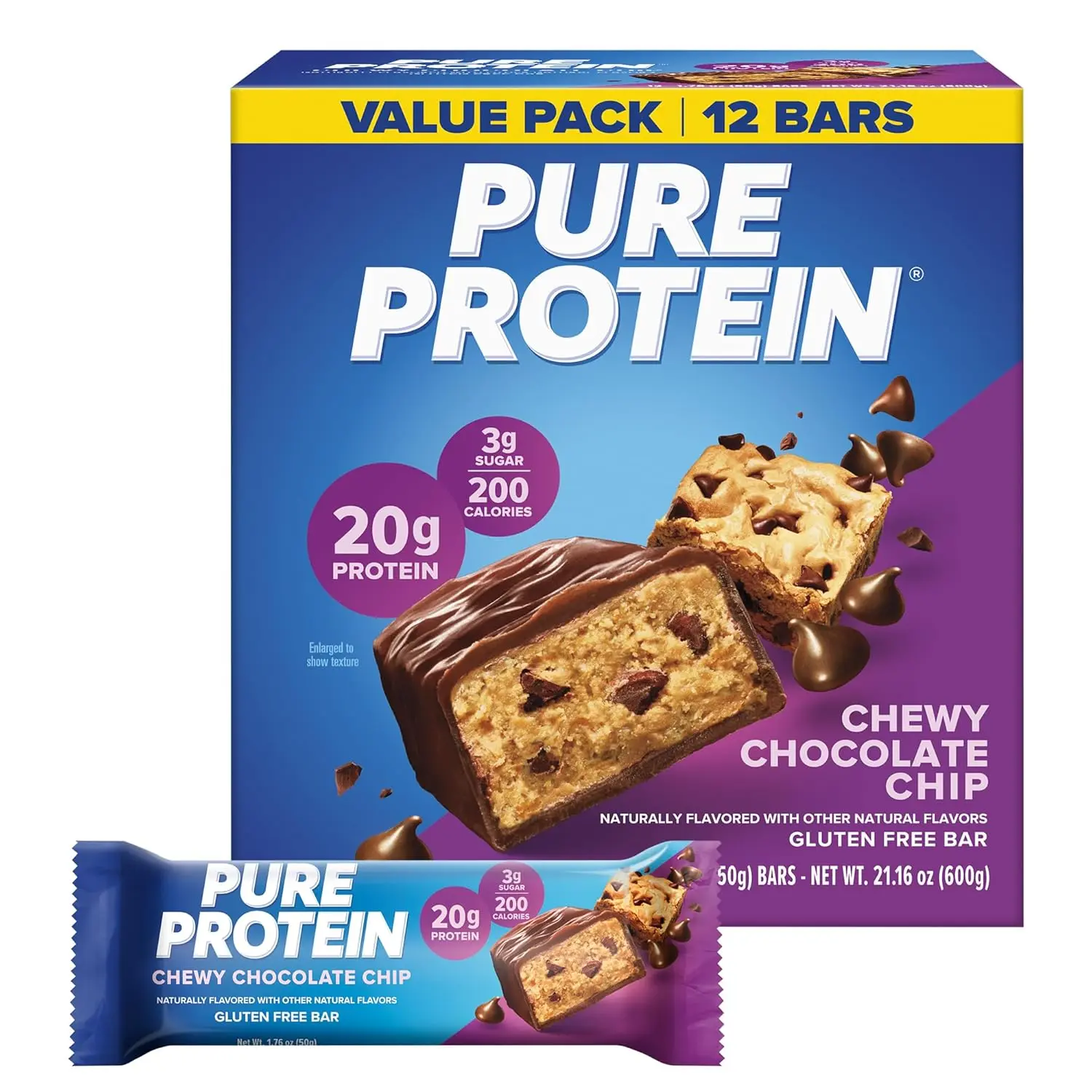 Pure Protein Chewy Chocolate Chip Protein Bars – 20g Protein, 3g Sugar, 190 Calories (12 count) Low Sugar* High Protein Snack - Gluten Free - Perfect for a Healthy Snack