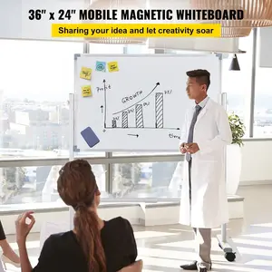 VEVOR Rolling Whiteboard, 48x32 inch Double-Sided Magnetic Mobile Whiteboard, 360 Reversible Adjustable Height Dry Erase Board with Wheels Movable Tray for Office School