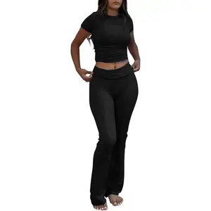 Outdoor&sports ZFLM Casual Workout Two Piece Outfits for Women Short Sleeve Crop High Waist Foldover Flare Pants Tracksuit Sets Streetwear