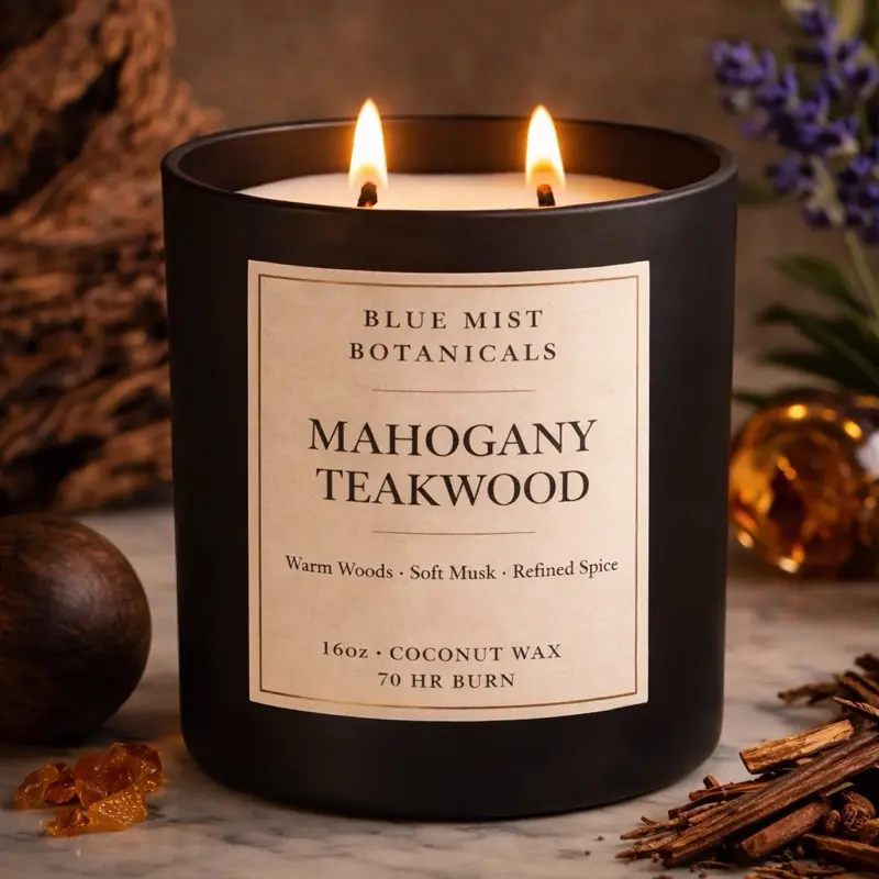 Blue Mist Botanicals Mahogany Teakwood 16oz Coconut Wax Candle Warm Woods Soft Musk Refined Spice 70 HR Burn