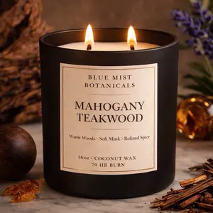 Blue Mist Botanicals Mahogany Teakwood 16oz Coconut Wax Candle Warm Woods Soft Musk Refined Spice 70 HR Burn