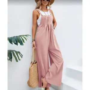 Women Baggy Dungarees Jumpsuit Strappy Wide Leg Playsuit Overalls XL New   This Women Baggy Dungarees Jumpsuit in XL size features a square neckline, sleeveless design, and wide-leg style, making it perfect for a casual and comfortable look. The pink  ove