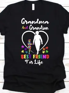 Grandma Granddaughter Heart Puzzle Print Short Sleeve T-Shirt, Casual Loose-Fit Long T-Shirt for Women, Autism Awareness Theme