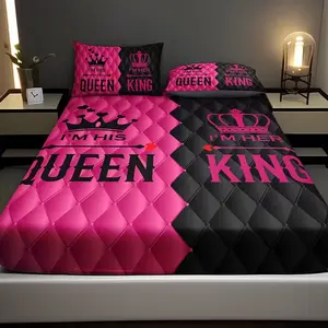 3-Piece Couple King Queen Letter Bedding Set, Comfy Bed Sets, Includes Fitted Sheet & 2 Pillowcases, Breathable Polyester Fiber, All Seasons