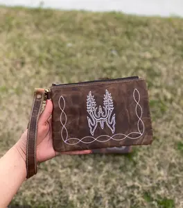 BootStitch Tooled Rustic Leather Wristlet Pouch    