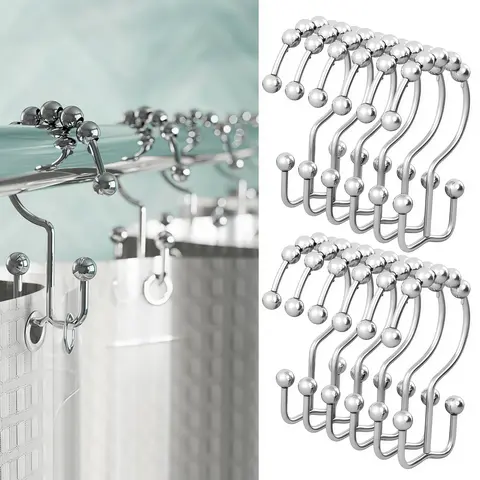 LMMAKE 12PCS Electroplated Polished Metal 304 Stainless Steel Shower Curtain Hooks, Rust-Resistant Double Glide Rings, Elegant Design Ball Tip Decorative Hooks for Smooth Movement, Prevents Scratches