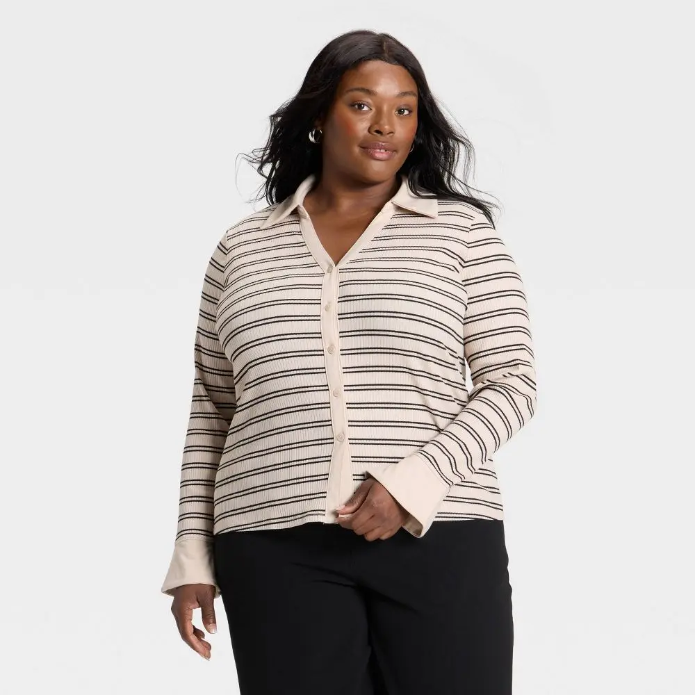 Women's Long Sleeve Collared Rib-Knit Button-Down Shirt - Ava & Viv