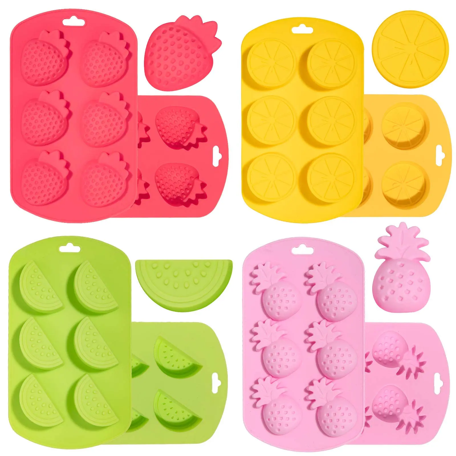 4 Pack Fruit Shaped Silicone Mold Pineapple Orange Watermelon Strawberry Chocolate Candy Baking Mould 3D Summer Fruit Ice Mold for DIY Jelly Fondant Soap Gummy Cake Cupcake Topper Decoration