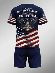 Men's American Flag Eagle Emblem 250th Anniversary Print T-Shirt and Shorts Set, Casual Loose-Fitting Two-Piece for All Seasons