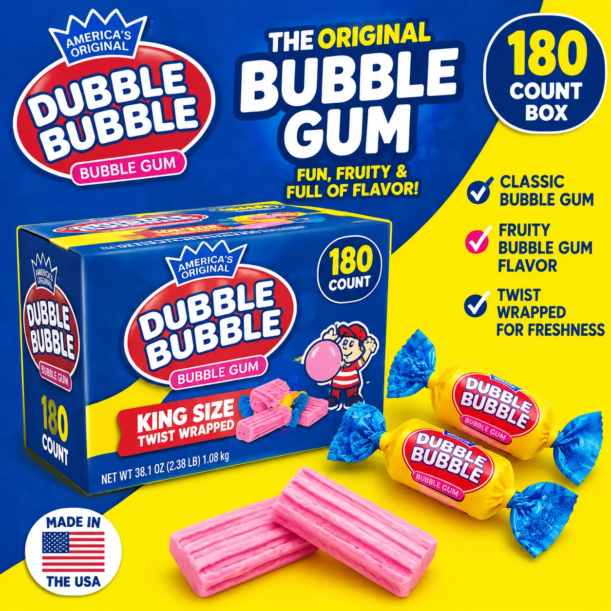 Dubble Bubble King Twist Wrapped Bubble Gum 180 Count Box Classic Bubble Gum Candy