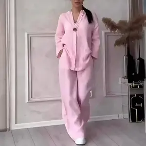 2026 Fashion European and American Women's Comfortable Loose Top Wide Leg Pants Casual Cotton Linen Set Baggy Womenswear