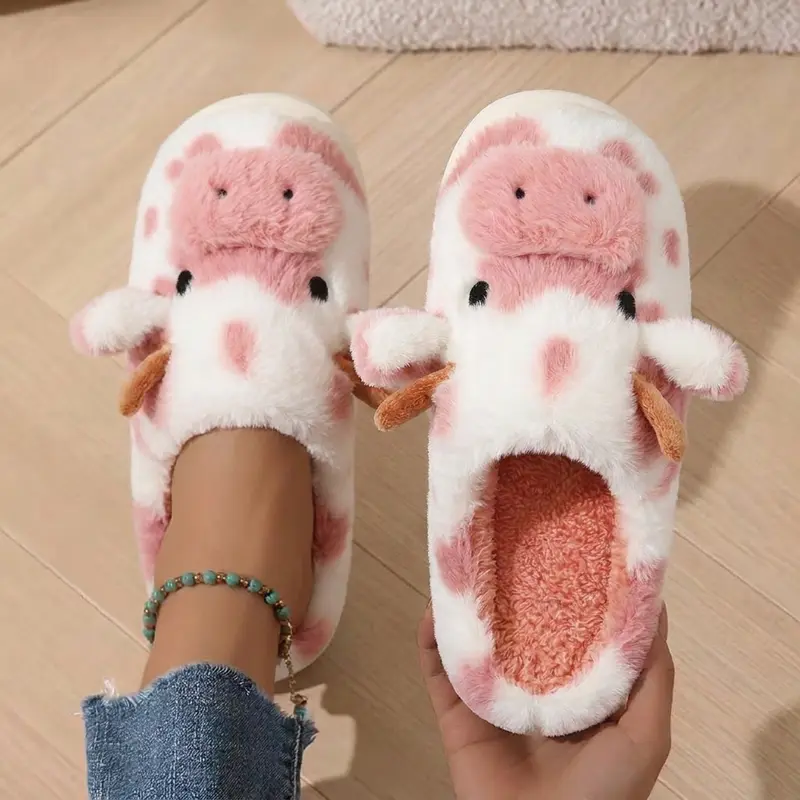 Women's Cute Kawaii Cartoon Cow Fluffy House Slippers, Indoor Home Footwear with Animal Print, Plush Fabric, Soft Warm Lining, Cozy Memory Foam, Padded Design, EVA Sole, All Seasons Bedroom Slippers