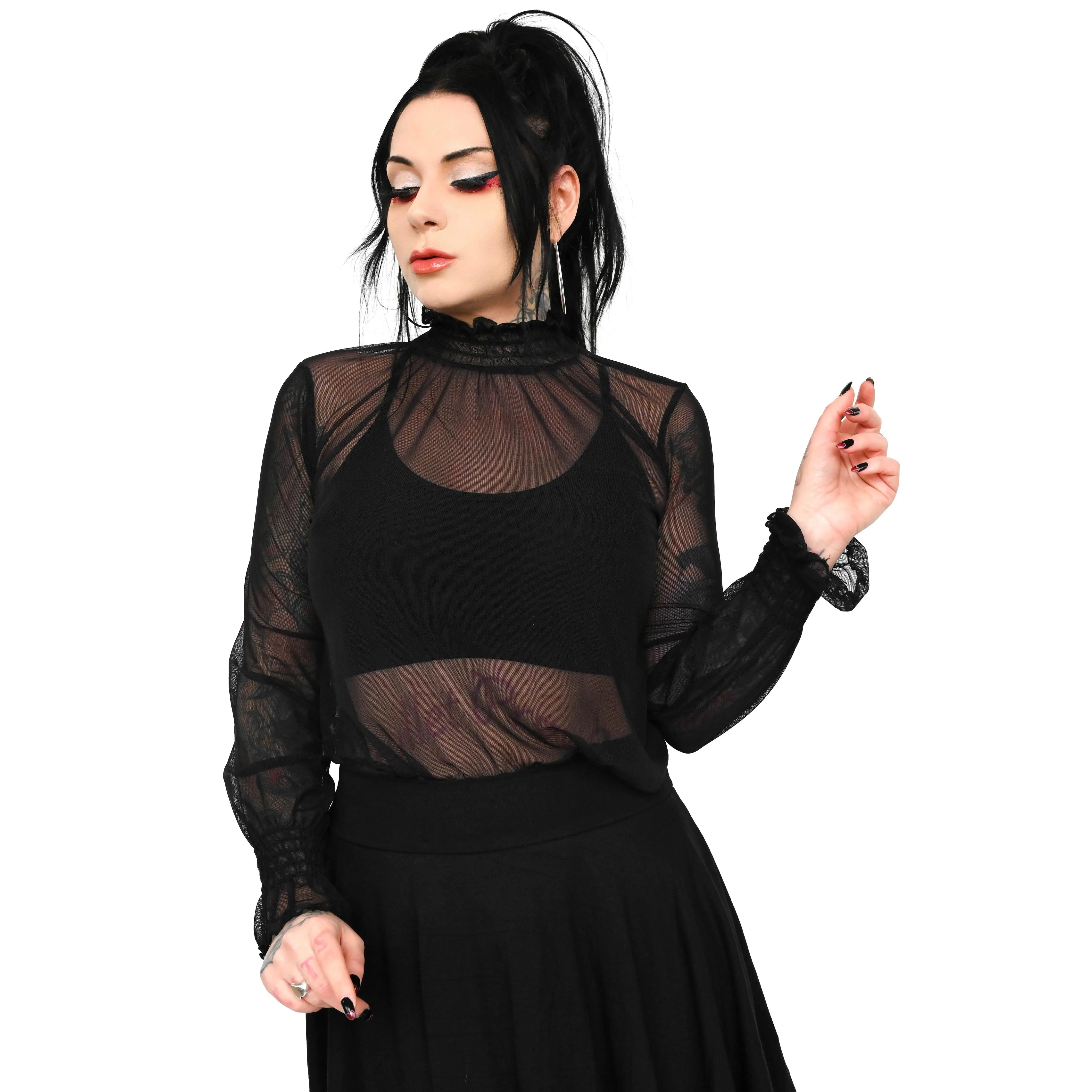 ANDREA Women's Fitted Ruched Long-Sleeve Mesh Layering Top in Soft 4-Way Stretch Nylon, Shirts, Ruched Neck, Soft Nylon, Long-Arm Blouses & Shirts, Piece, Dress, Basic, Full Length, 1-Piece Top, Shirt, Casual