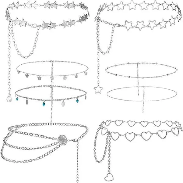 8 Pcs Waist Chain Belt Dress Belts Jeans Pants Pocket Waist Multi-Layer Hip Hop Y2k Multilayer Metal Wallet Chain