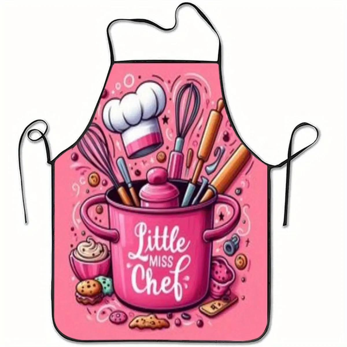 1 pink "Little Girl Chef" apron - Fun cooking and baking patterns, with tool and dessert designs, 100% polyester, lightweight and durable, suitable for home and restaurant use, cute apron, Kitchen Aprons, Novelty Cooking Aprons