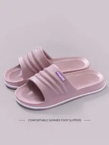 Women's Striped Home Slide Slippers - Soft EVA, Non-Slip Textured Sole, Breathable & Waterproof for Bathroom, Bedroom & Summer Daily Wear
