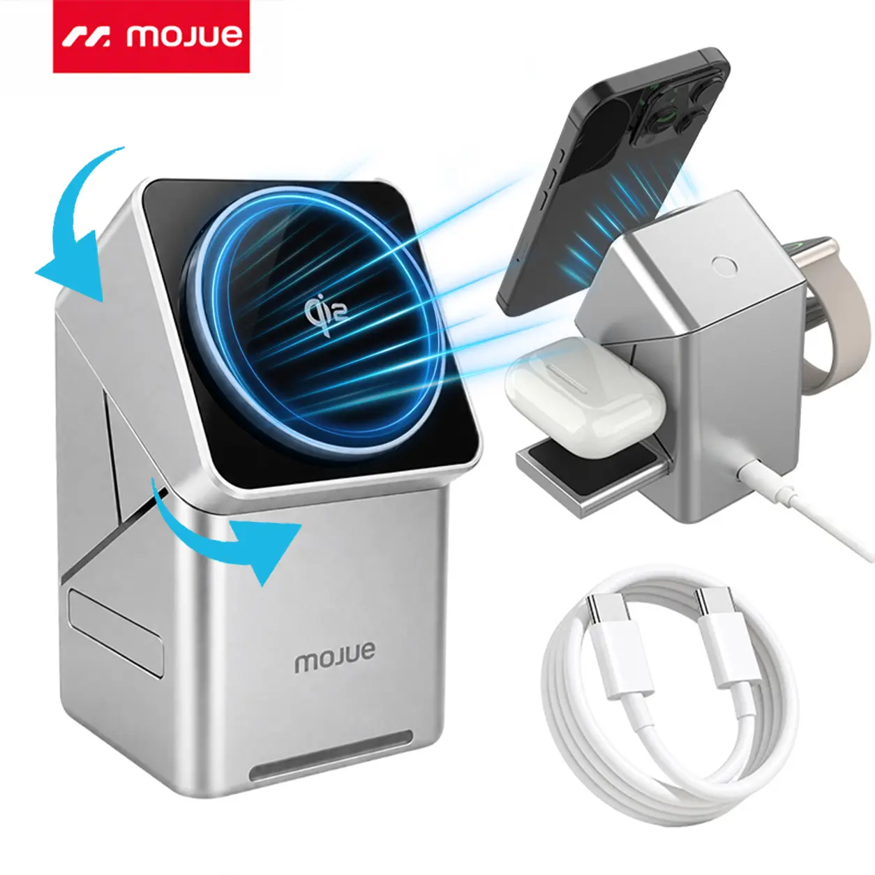 MOJUE 3 in 1 Wireless Charging Station for Apple & Samsung Phone, Wireless Charger Qi 2 Certified 15W Fast Magnetic Charger Stand with Charger Cable for Magsafe iPhone 17/16/15/14/13/12 Pro Max Series, Apple Watch, AirPods