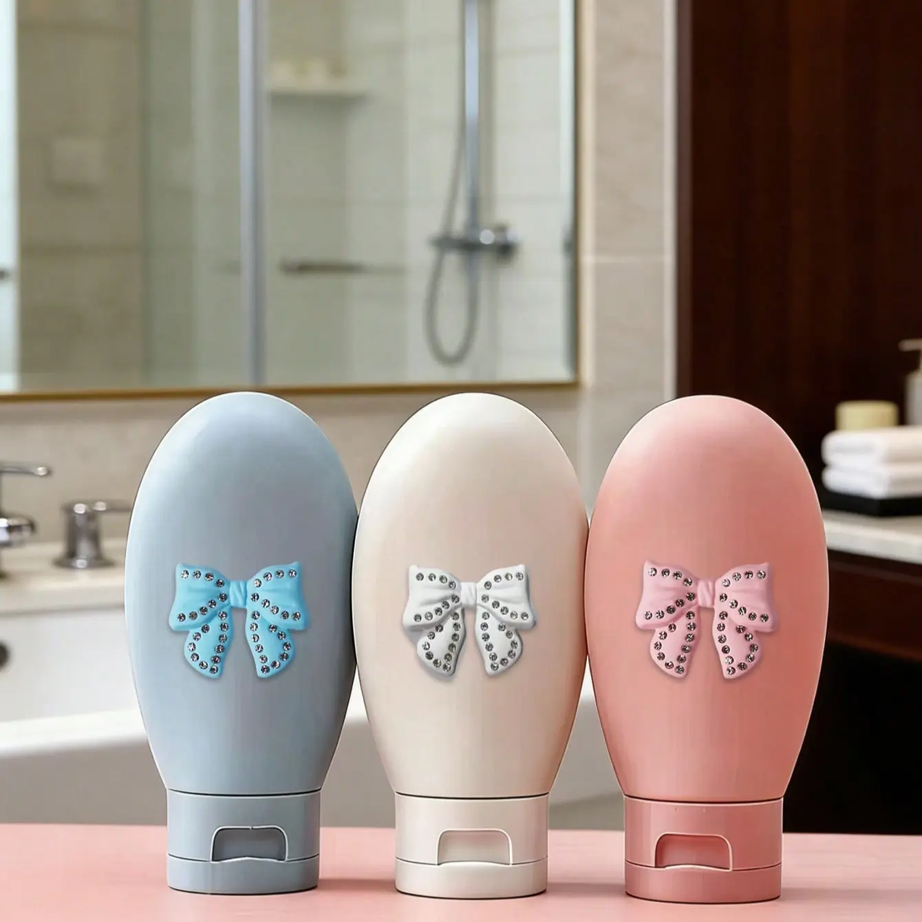 Reusable Travel Shampoo/lotion Bottle, Leak-Proof Portable Cosmetic Dispenser, Cute Cartoon Bow Resin Decoration, Lightweight Liquid Container