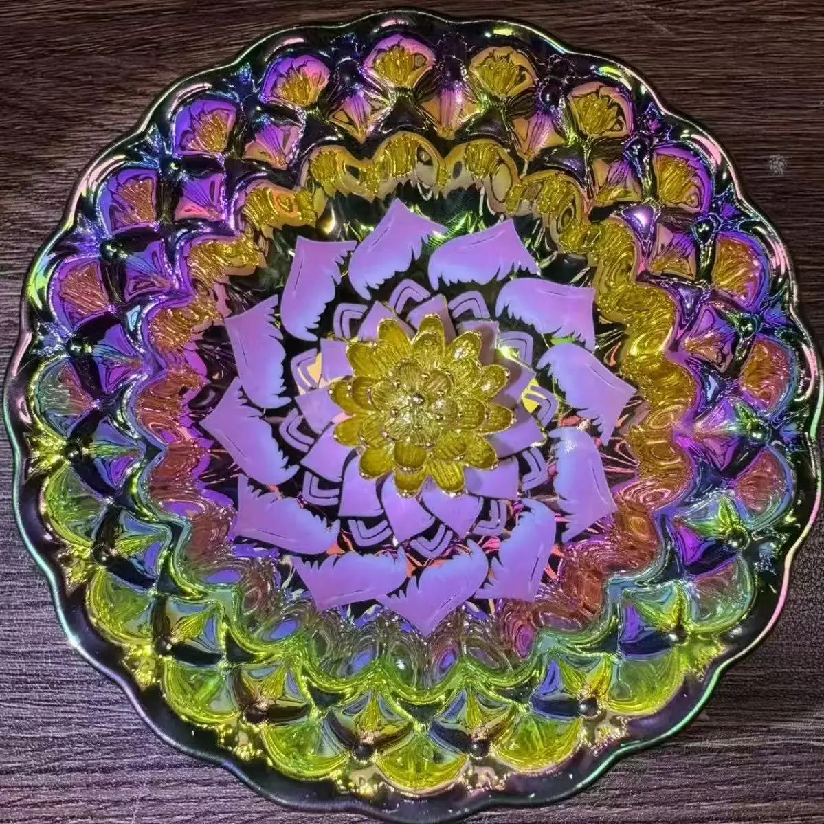 Tea Bowl Artisan Porcelain - Iridescent Rainbow Enamel with 3D Golden Lotus Flower & Wavy Rim