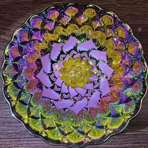 Tea Bowl Artisan Porcelain - Iridescent Rainbow Enamel with 3D Golden Lotus Flower & Wavy Rim