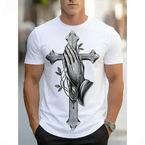 Men's Sports Crew Neck T-Shirt with Cross and Prayer Hand Pattern 100% Cotton Miniature Stretch Fabric Short Sleeves Black - Suitable for Sports and Fitness, Gym Shirt