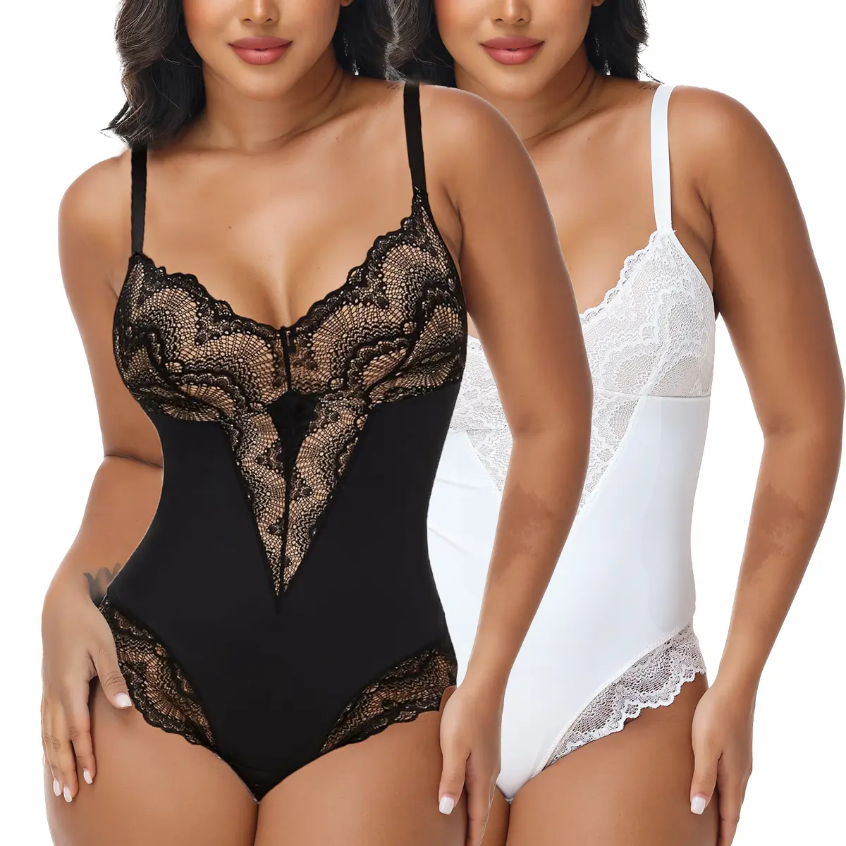 Elegant Lace V Neck Bodysuit Shapewear for Women with Tummy Control Compression, Thong Design for Wedding or Work, Valentines Day, 3Xl, Casual, Nylon