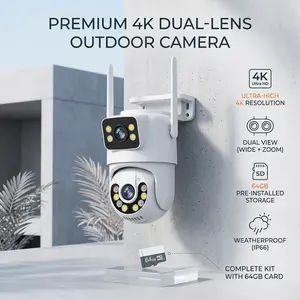 360° PTZ 4K Dual Lens No Blind Spots Outdoor Security Camera with 64GB SD Card Wireless Cable Colorful Surveillance Monitoring Remote Monitor Local