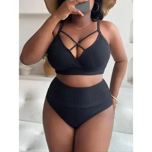 【Plus Size】 Criss Cross Cut Out Bikini Set, Solid Adjustable Strap Swim Top & High Waist Swim Bottom, Bathing Suits, Women's Swimwear for Summer, High Waisted Bikini, Criss Cross Swimsuits, Beach Bikini Set