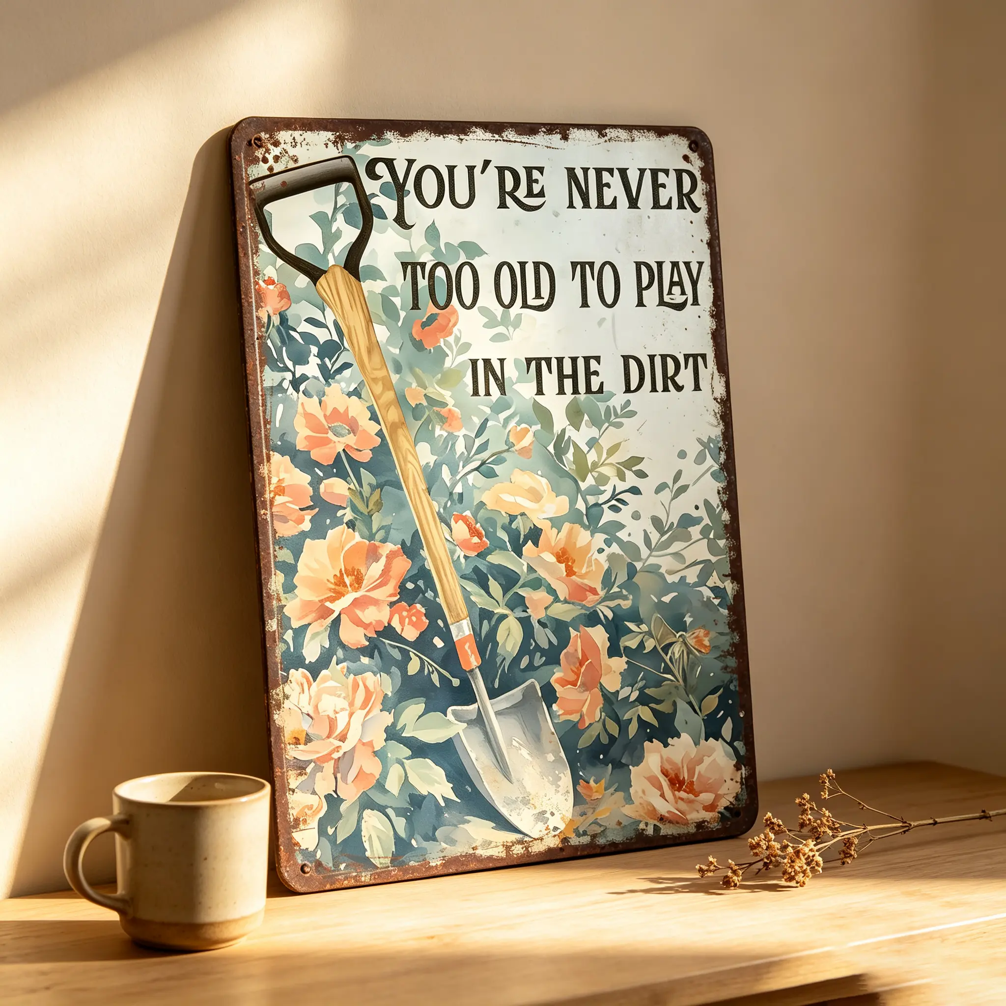 Vintage Metal Garden Sign, You're Never Too Old To Play In The Dirt Tin Sign, Floral Gardening Wall Decor, Rustic Farmhouse Garden Decor For Patio Porch Shed Backyard, Gardening Lover Gift 8x12 Inch