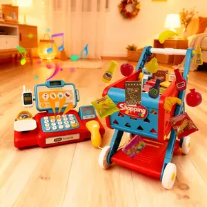Shopping Cart Toy Set, Includes Realistic Food and Accessories, Pretend Play Calculator Cash Register, Suitable for Ages 3+