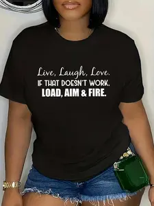 Plus Size Slogan Print Round Neck Tee, Casual Short Sleeve Graphic T-shirt, Women's Summer Clothes for Daily Wear