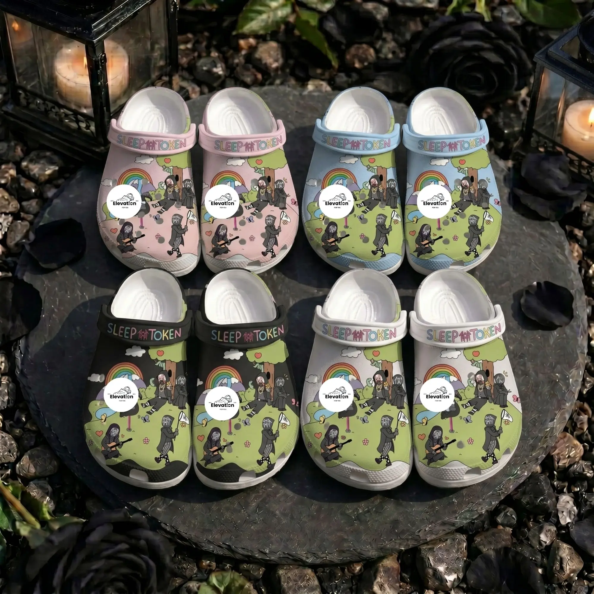 Retro Sleep Token Garden Flamingo Full Colors Clogs Shoes, Monochrome Fantasy Graphic Clogs, Gothic Occult Casual Footwear, Lightweight Comfortable Slip-On Shoes