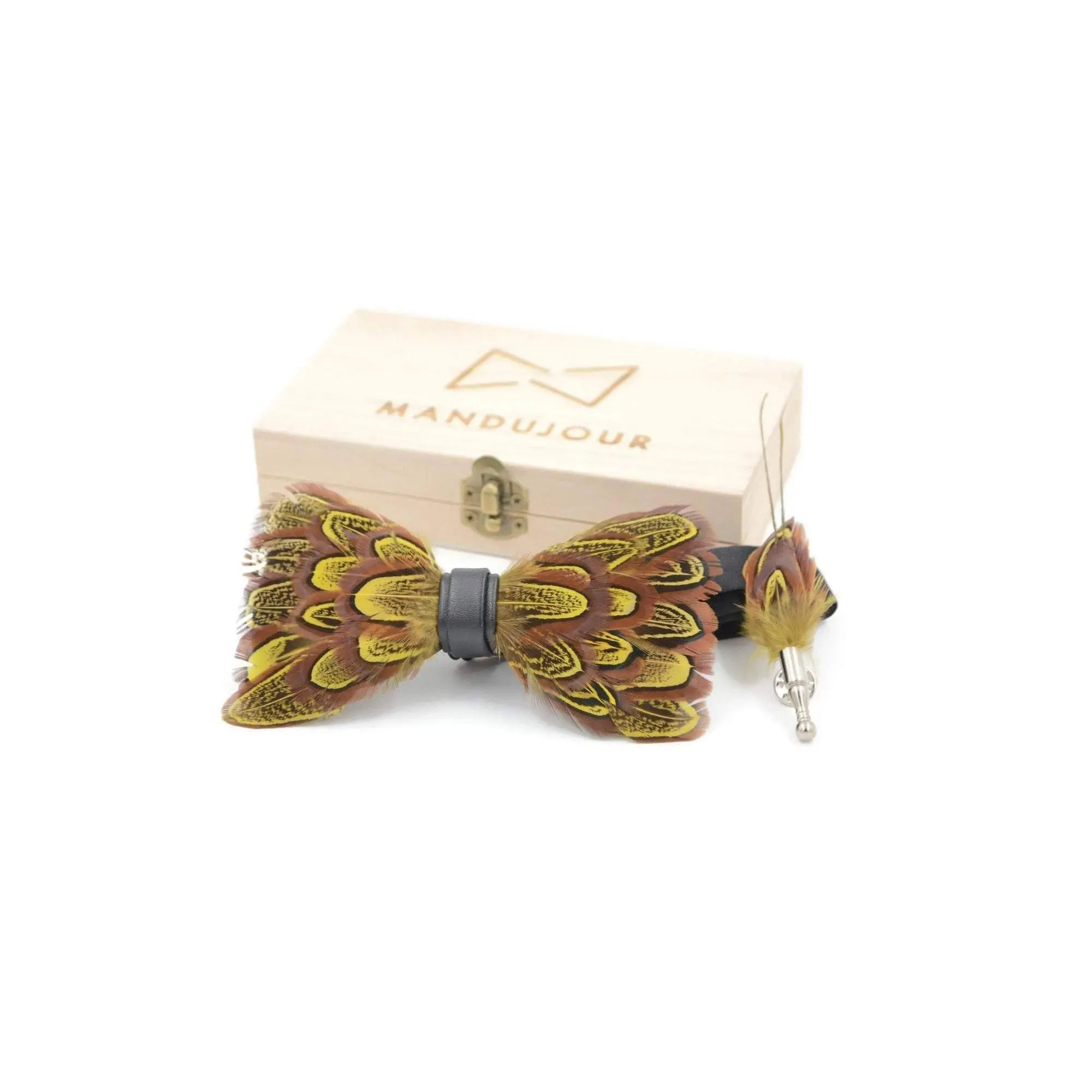 Guinea brown yellow feather bow tie & lapel pin set