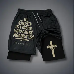 Christian Clothing Double-Layer Sports Shorts Graphic Shorts Black Shorts Camo Shorts Streetwear Shorts Men Outfits Men Short Shorts Vacation Outfits Shorts, Letter Patched Shorts, Men’s Shorts