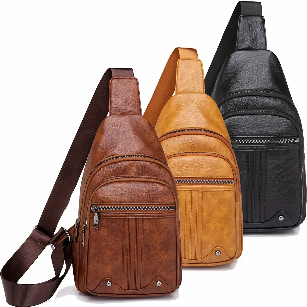 Men'S Chest Bag Sling Backpack Faux Leather Retro Crossbody Bag Shoulder Bag Unisex Soft Faux Leather