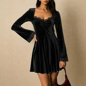 Woman's Black Velvet Lace Patchwork Mini Dress, Square Neck Ruched Bust Flare Long Sleeve, Waist Cinched A-line, Soft Comfy Stretchy Flattering Hide Fat, Christmas Party Date Going Out Daily Wear Outfit, Match Boots Leather Jacket