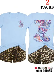 Y2K Rebellious Oversized Skull Print Set, Fun Slogan with High-Waisted Leopard Shorts, Loose-Fitting Casual for Back to School
