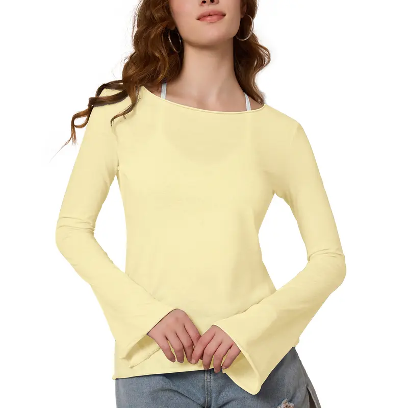 FAIABLE Women's Lightweight Semi-Sheer Long Sleeve Blouse with Bamboo Texture Off Shoulder Design Slim Fit Subtle Flare Cuffs Breathable White Casual Top Elegant Summer Sun Shirt for Beach Office Travel or Daily Wear - Womenswear